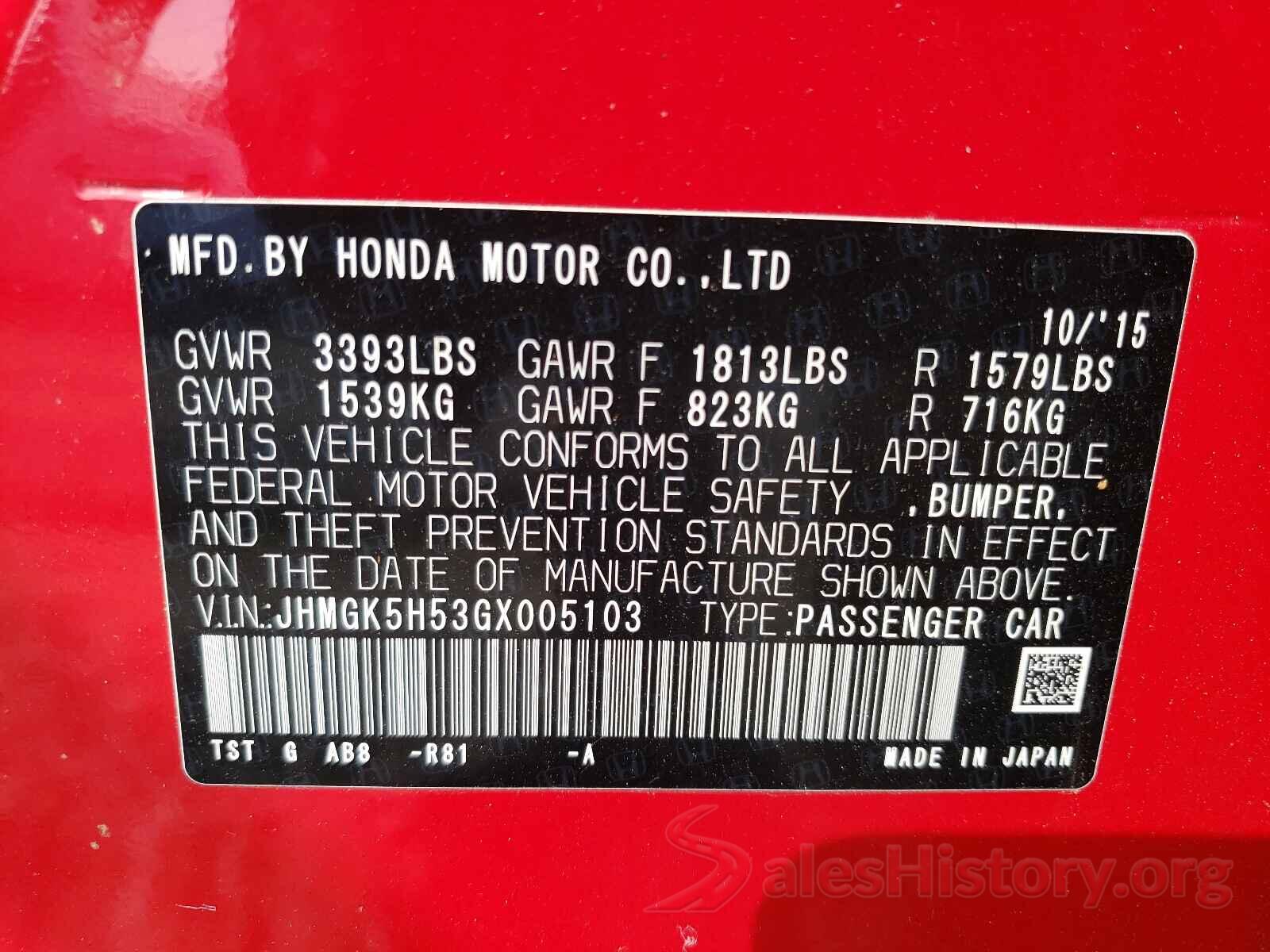 JHMGK5H53GX005103 2016 HONDA FIT