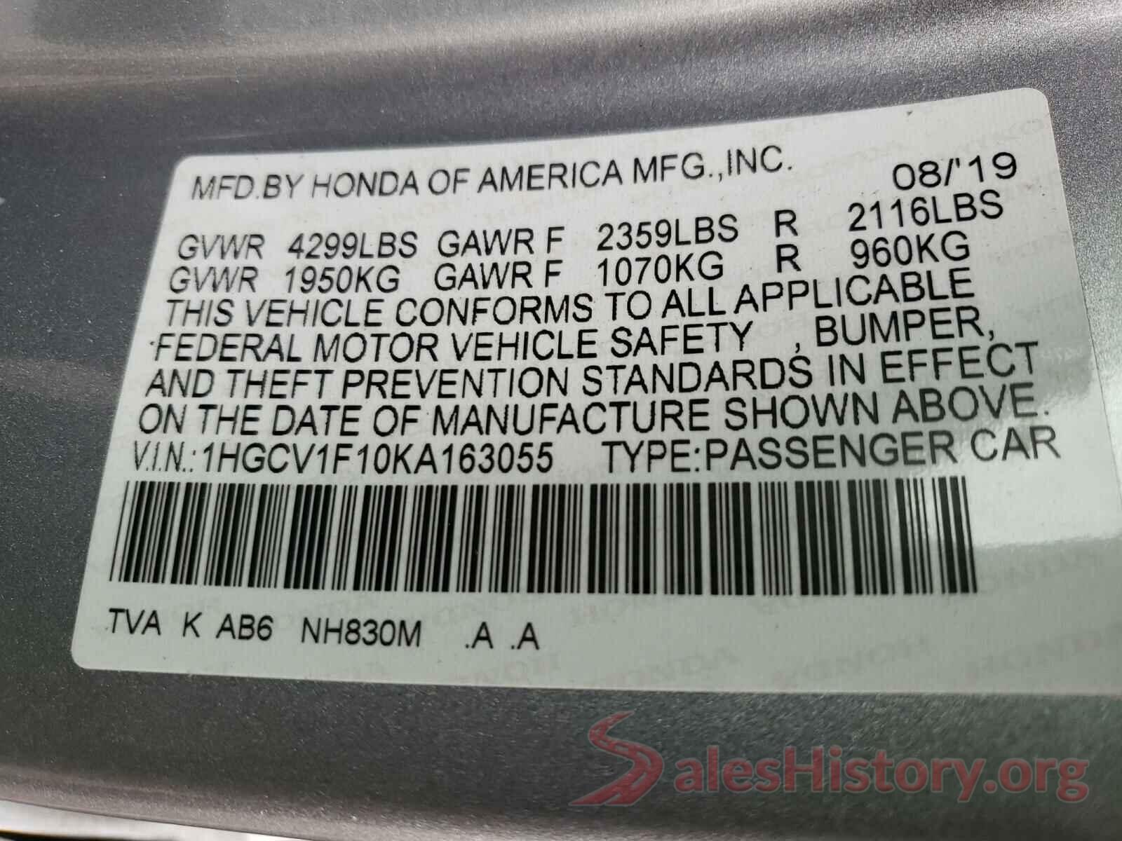 1HGCV1F10KA163055 2019 HONDA ACCORD