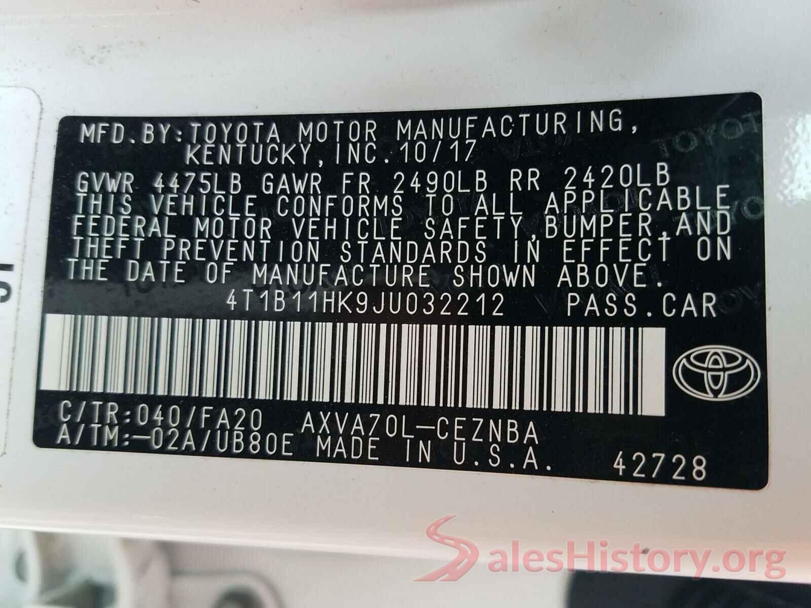 4T1B11HK9JU032212 2018 TOYOTA CAMRY