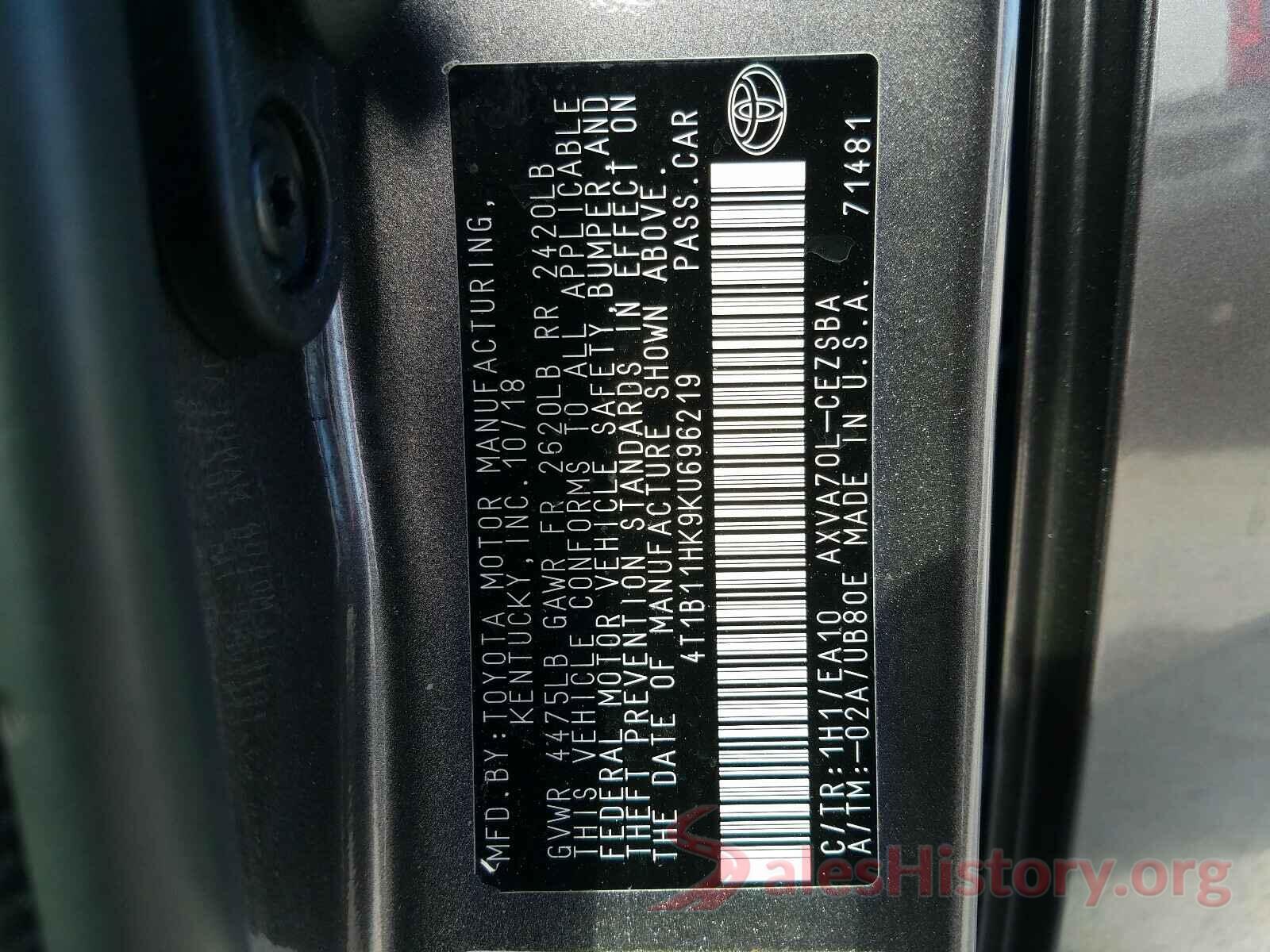 4T1B11HK9KU696219 2019 TOYOTA CAMRY