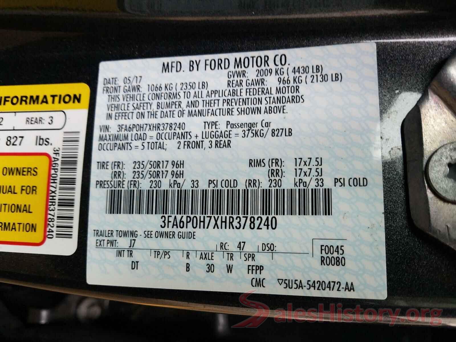 3FA6P0H7XHR378240 2017 FORD FUSION