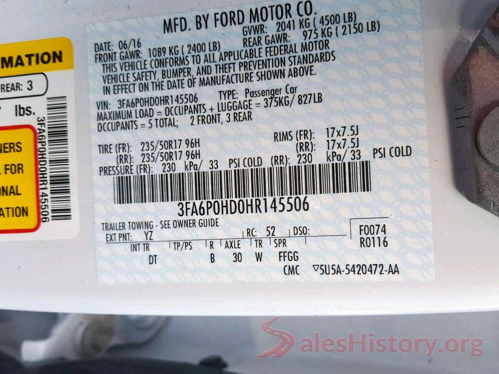 3FA6P0HD0HR145506 2017 FORD FUSION SE