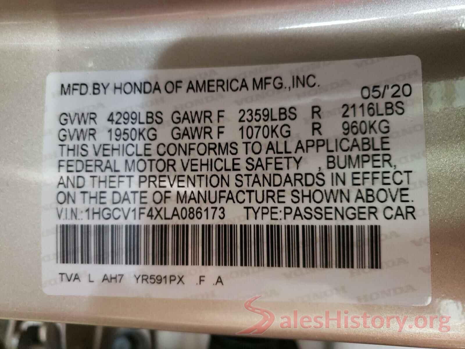 1HGCV1F4XLA086173 2020 HONDA ACCORD