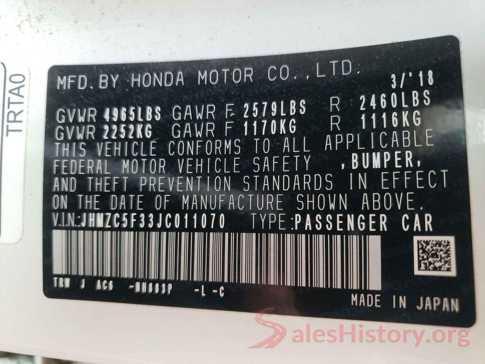 JHMZC5F33JC011070 2018 HONDA CLARITY