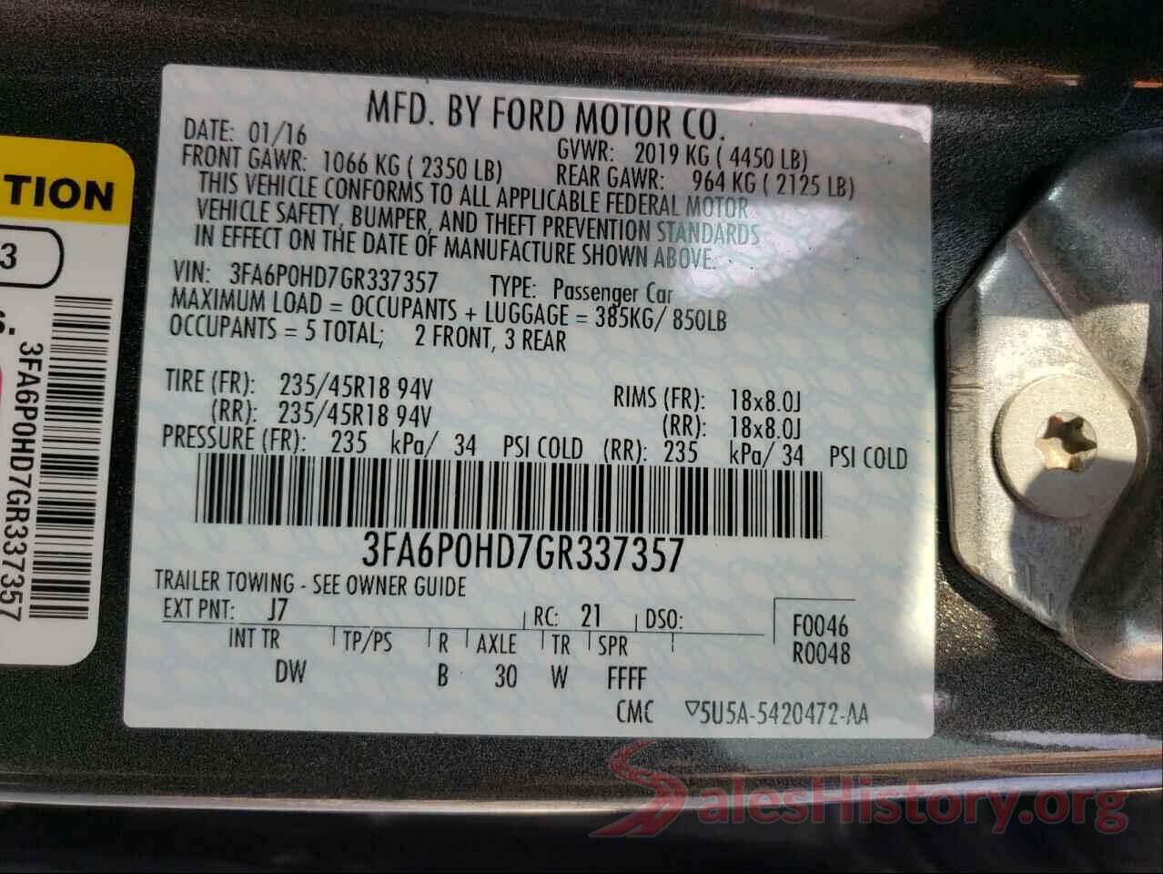 3FA6P0HD7GR337357 2016 FORD FUSION