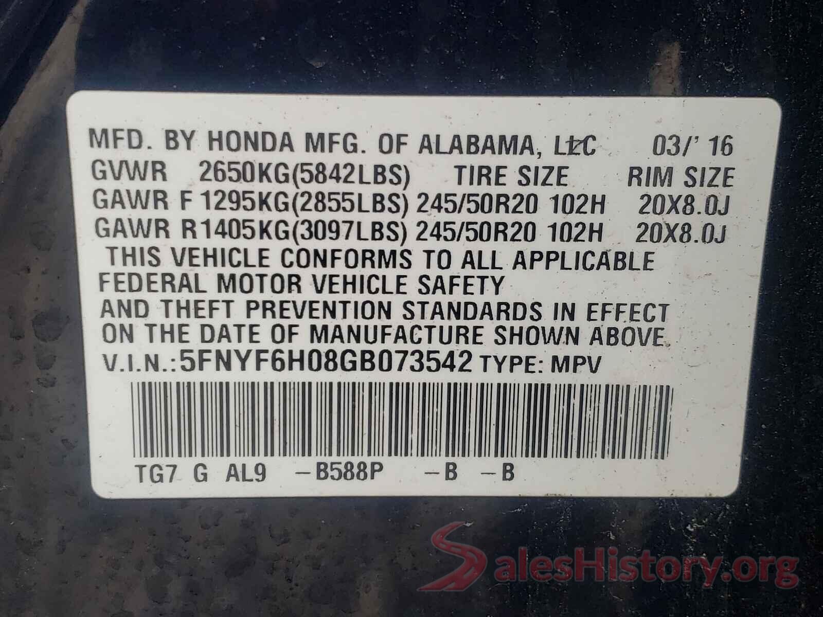 5FNYF6H08GB073542 2016 HONDA PILOT