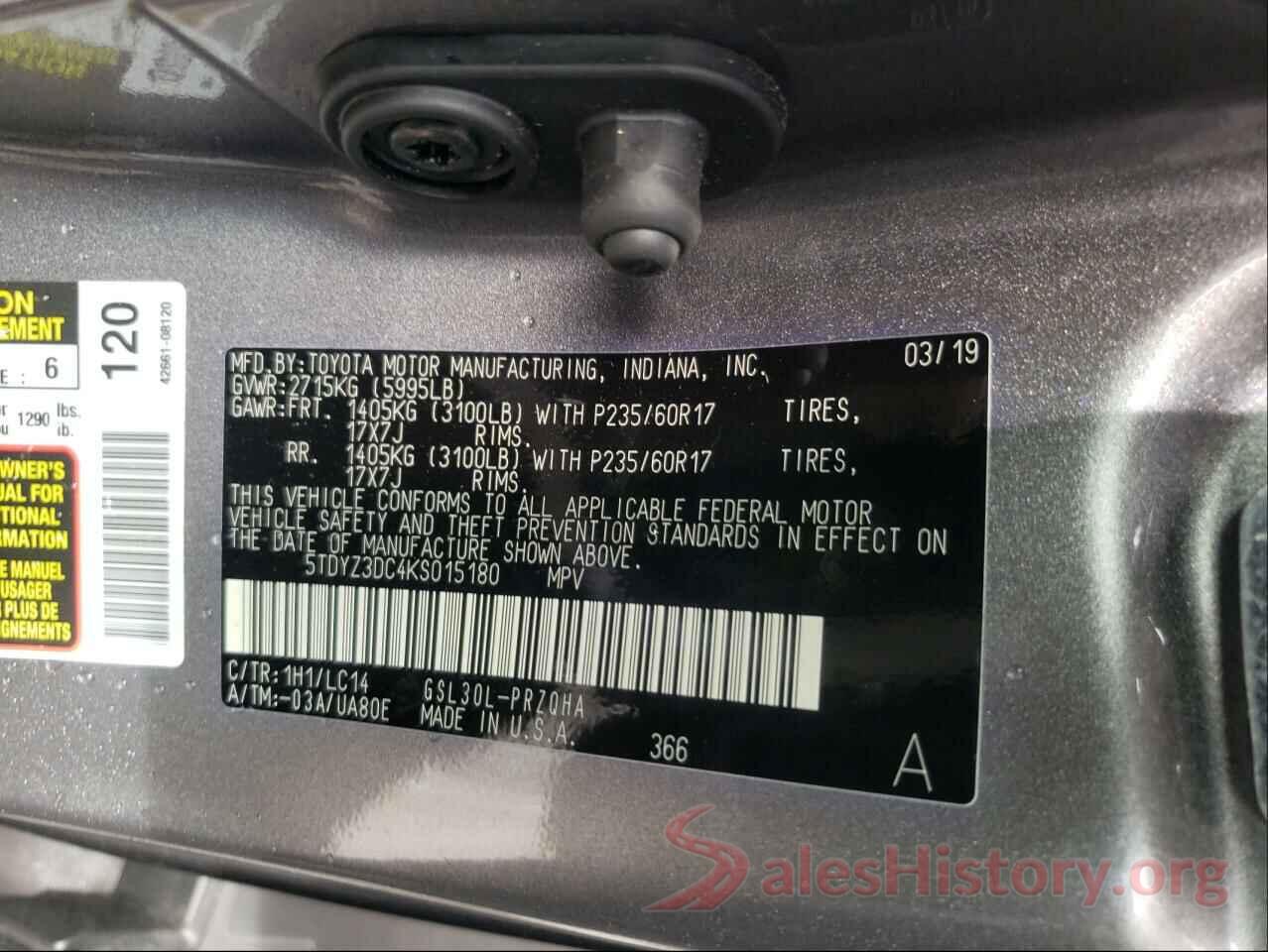 5TDYZ3DC4KS015180 2019 TOYOTA SIENNA