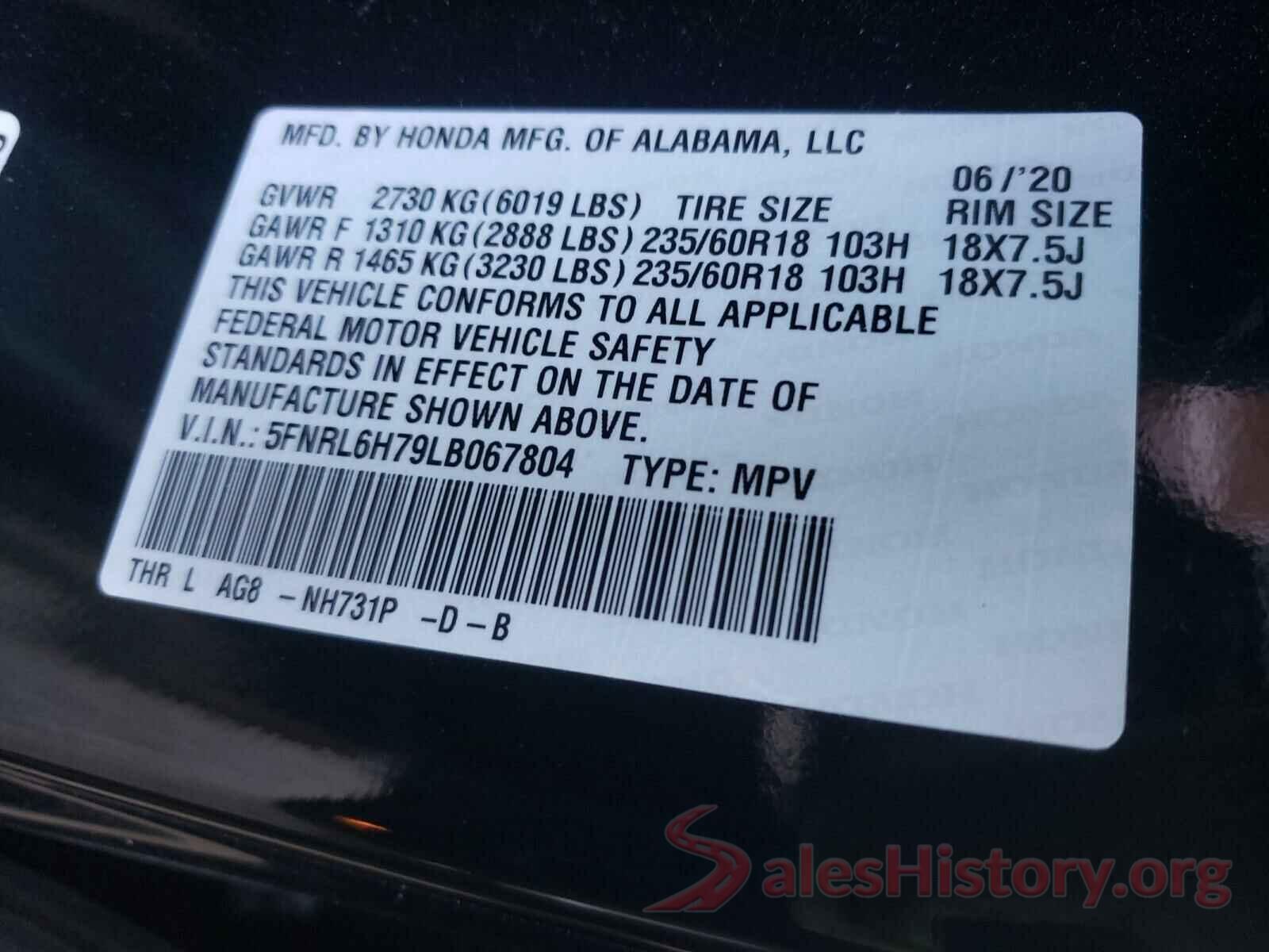 5FNRL6H79LB067804 2020 HONDA ODYSSEY