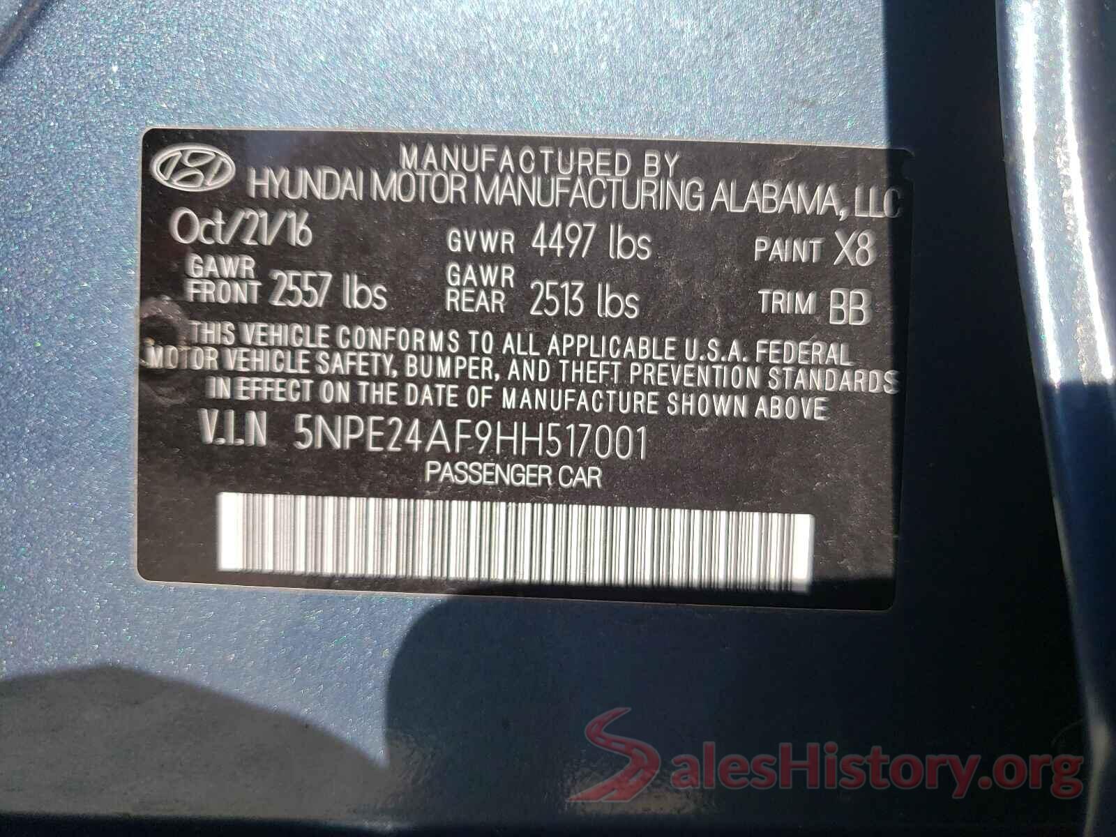 5NPE24AF9HH517001 2017 HYUNDAI SONATA