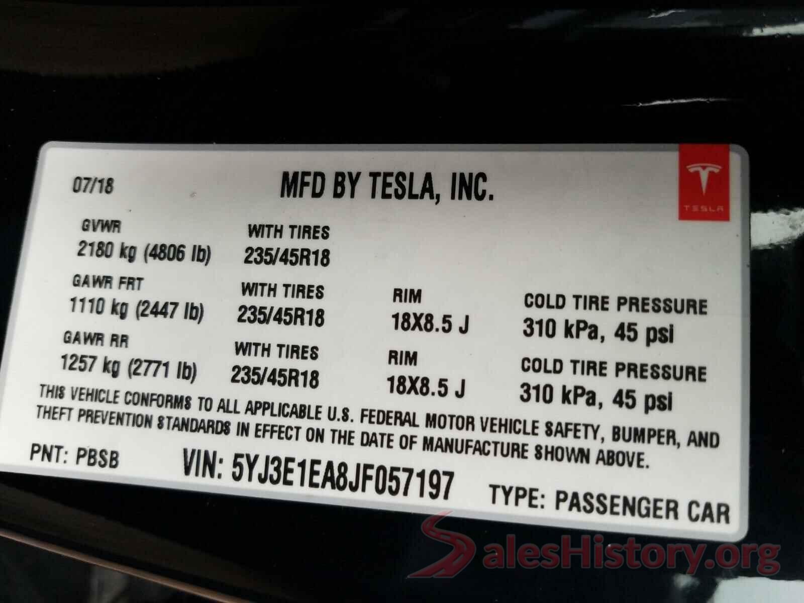 5YJ3E1EA8JF057197 2018 TESLA MODEL 3