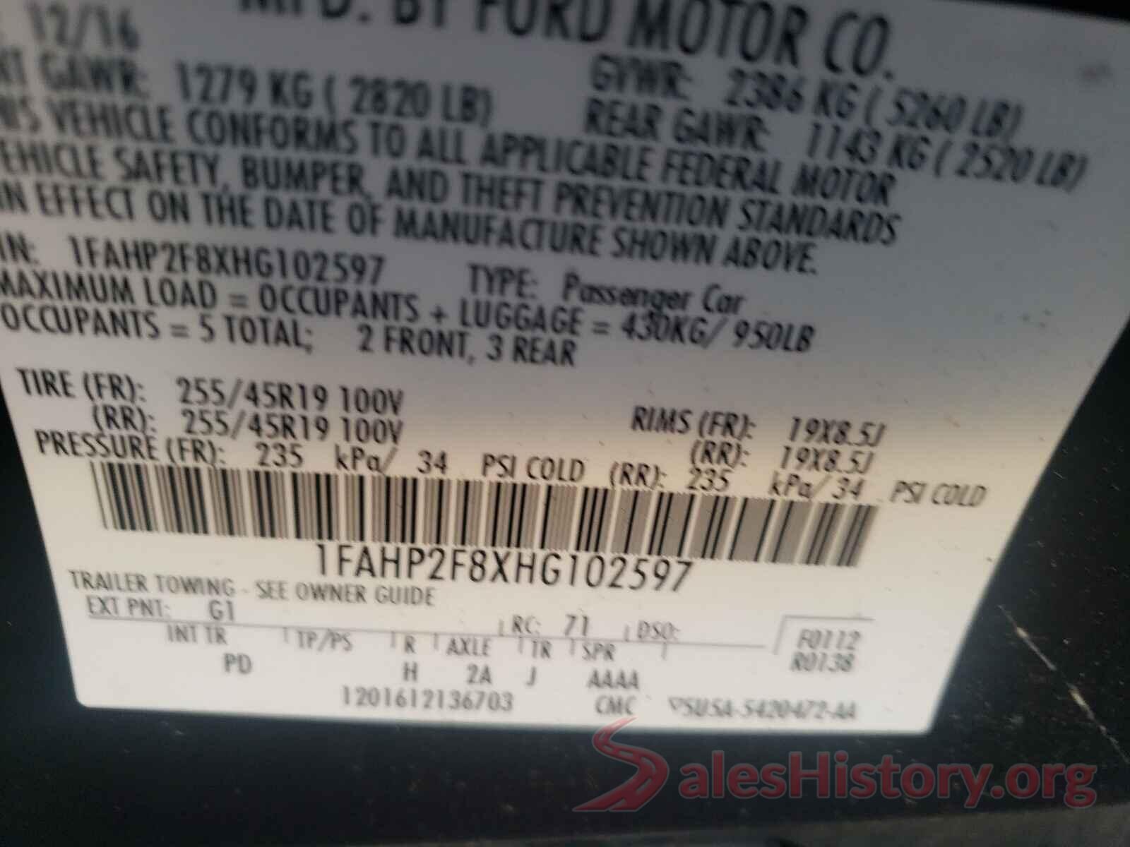 1FAHP2F8XHG102597 2017 FORD TAURUS