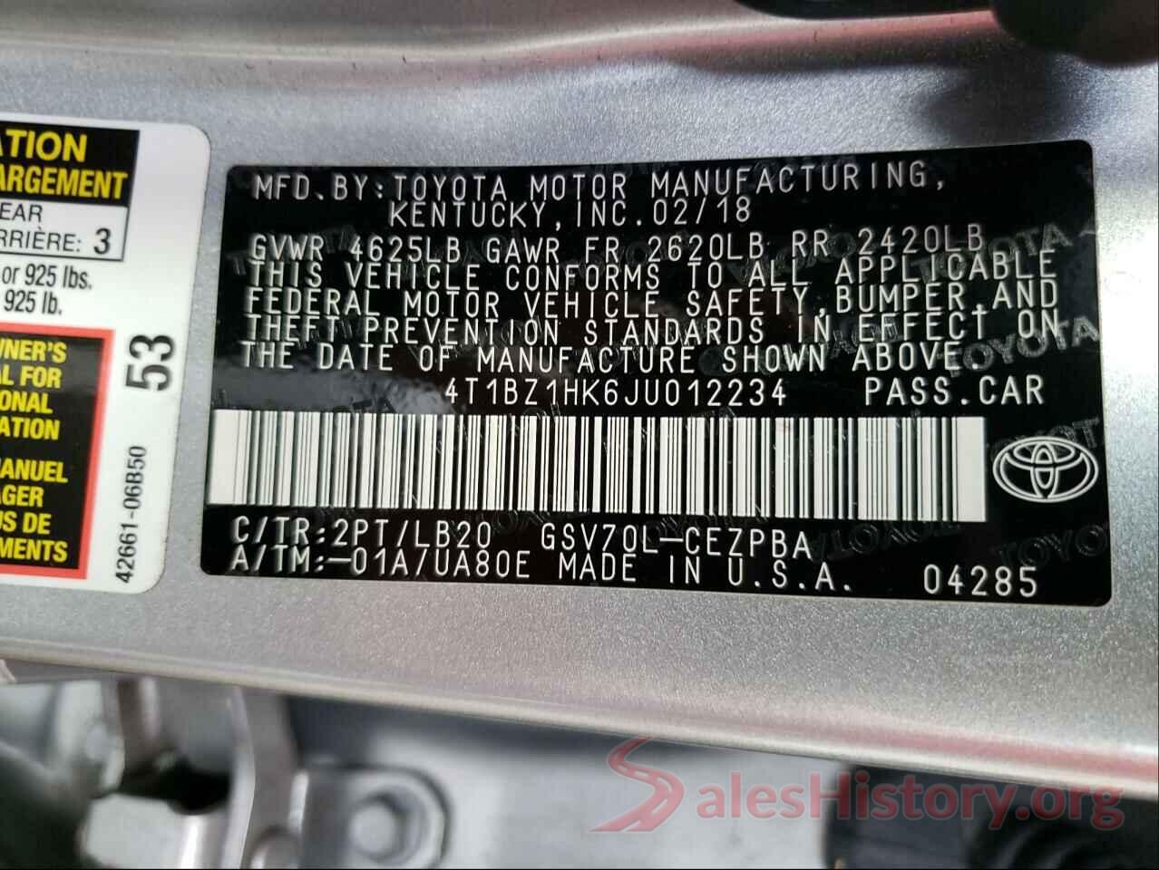 4T1BZ1HK6JU012234 2018 TOYOTA CAMRY