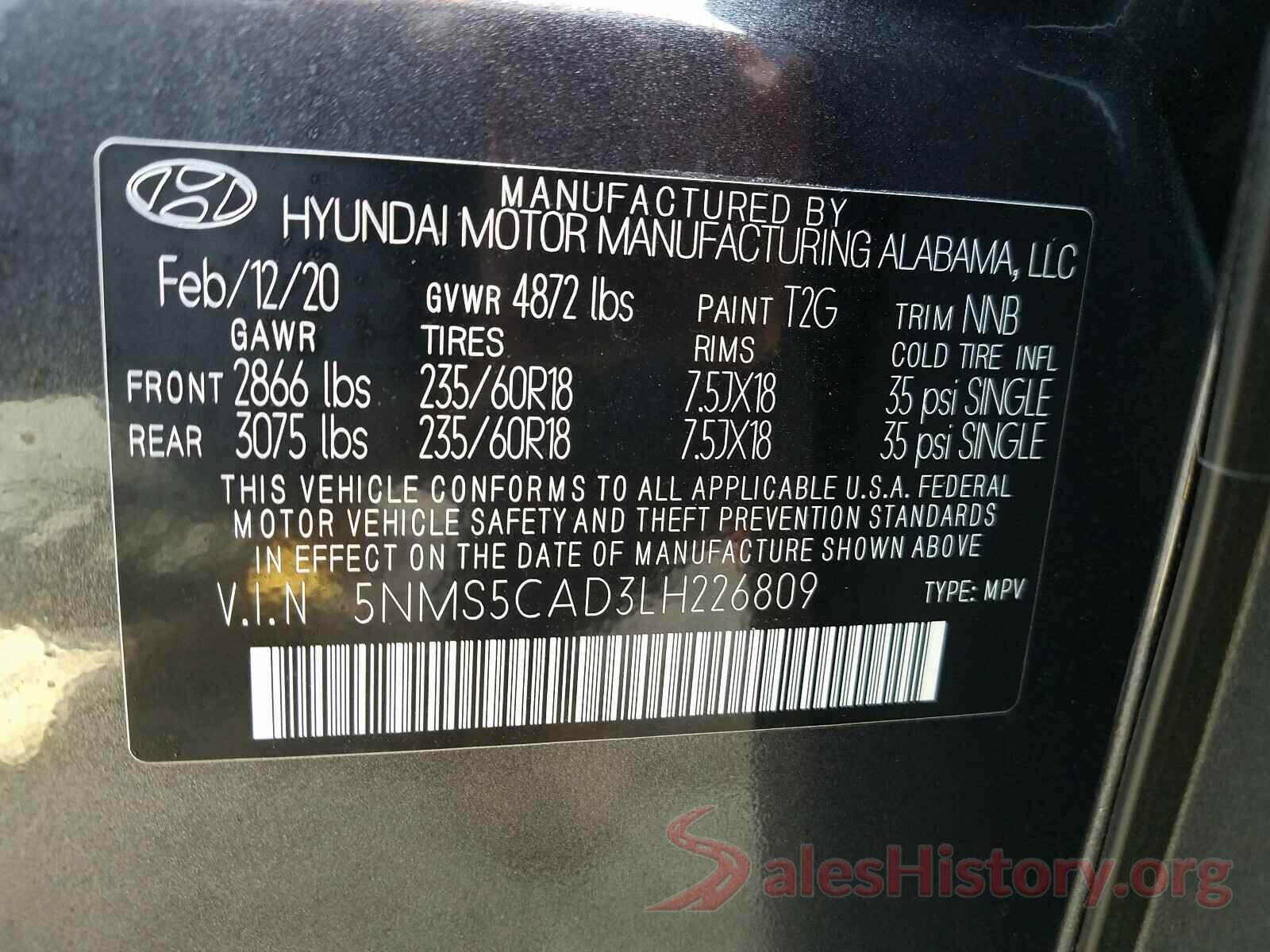 5NMS5CAD3LH226809 2020 HYUNDAI SANTA FE