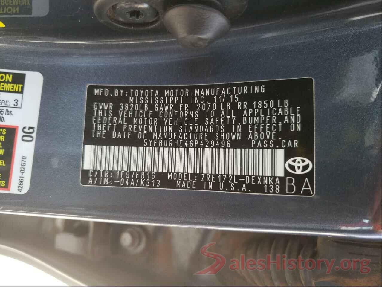 5YFBURHE4GP429496 2016 TOYOTA COROLLA