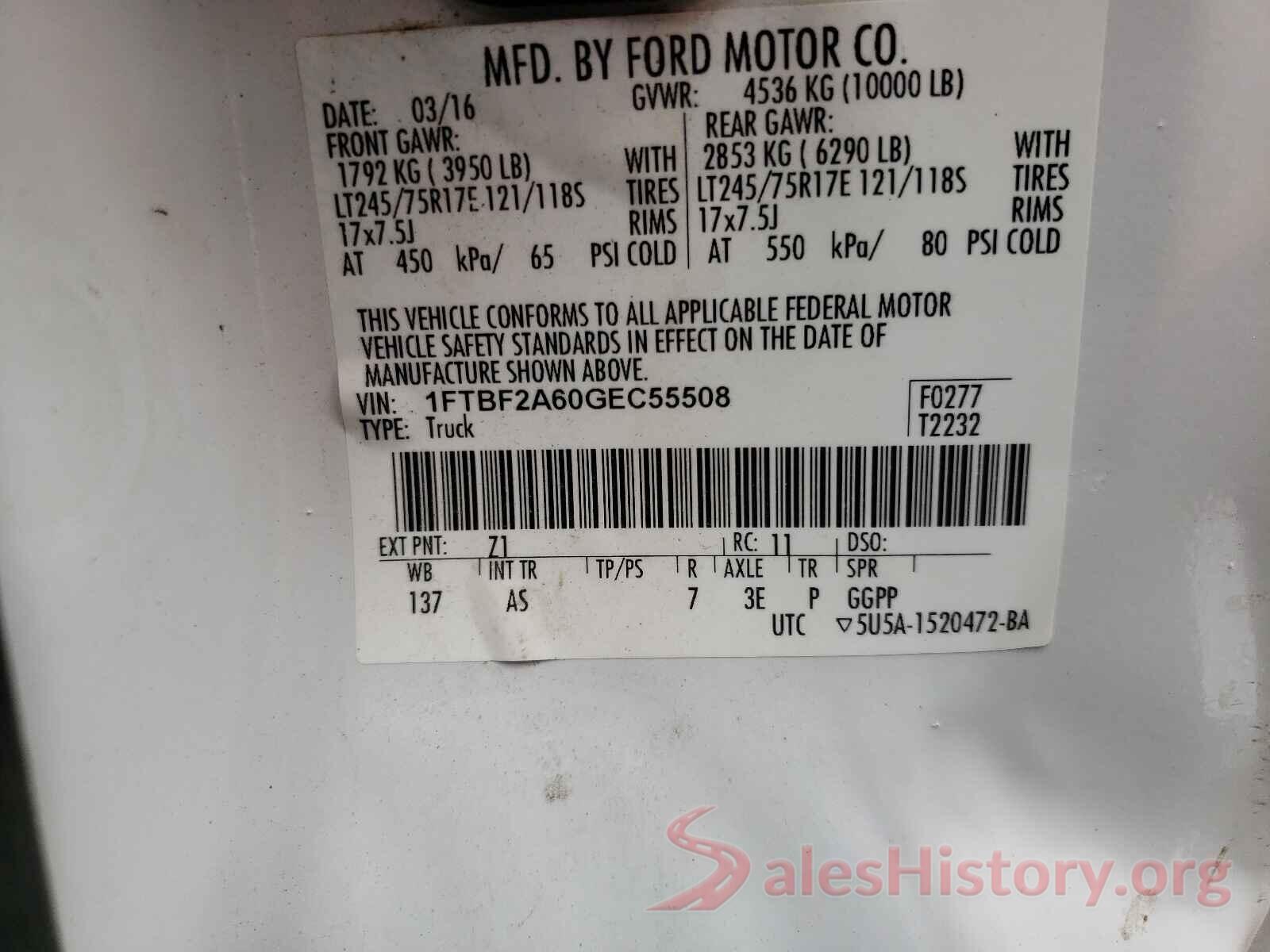 1FTBF2A60GEC55508 2016 FORD F250