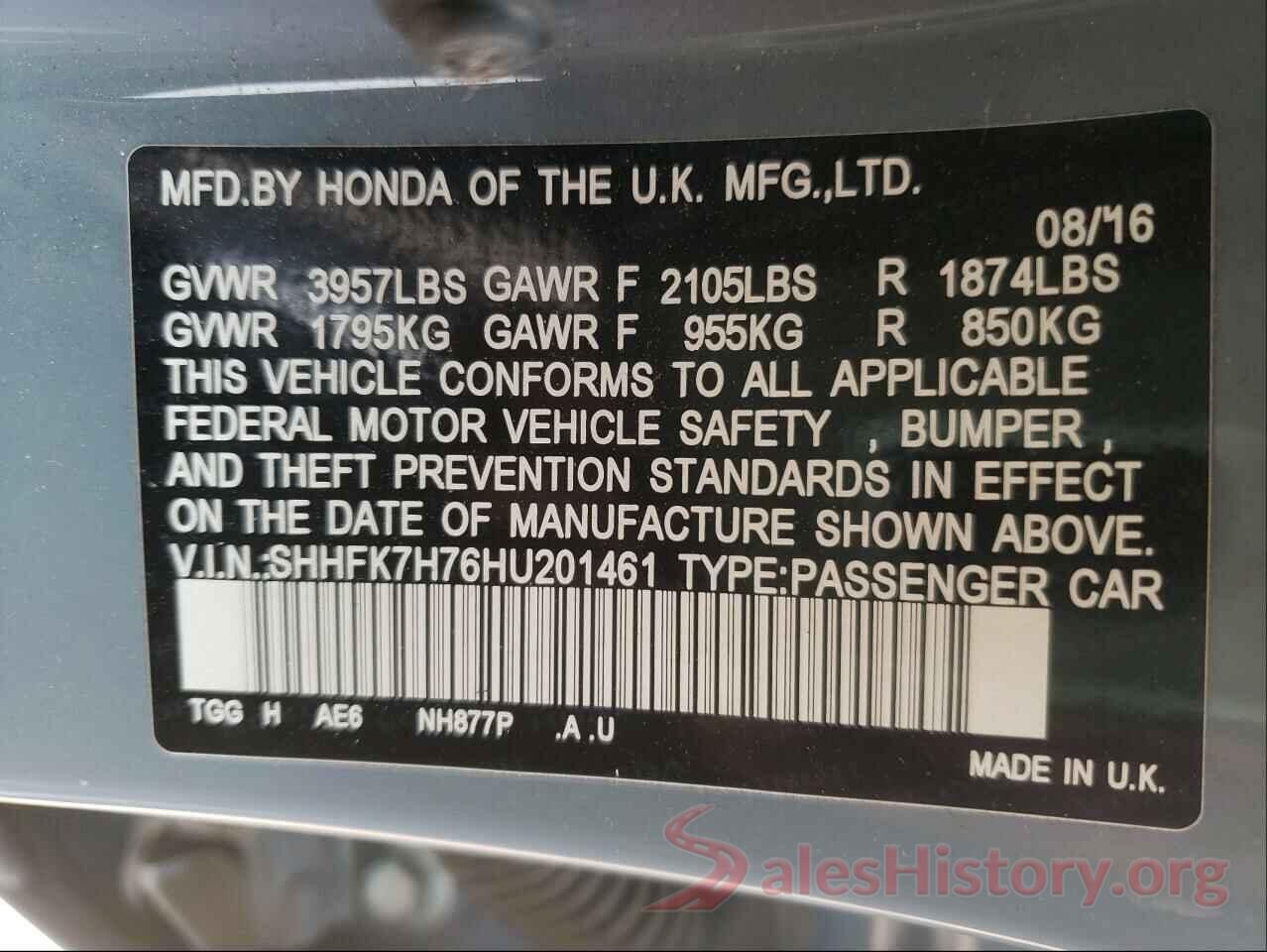 SHHFK7H76HU201461 2017 HONDA CIVIC