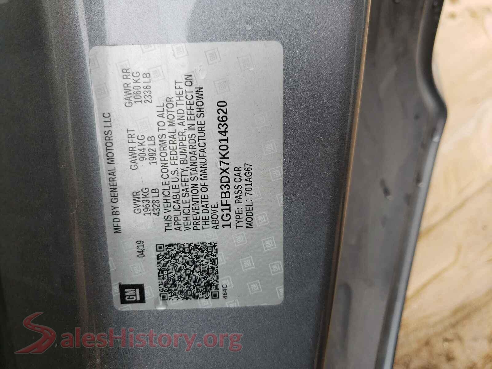 2019 CHEVROLET CAMARO VIN 1G1FB3DX7K0143620, odometer mileage
