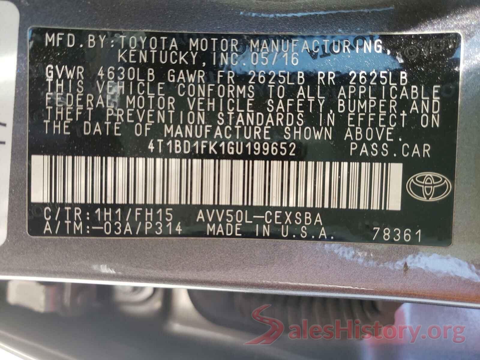 4T1BD1FK1GU199652 2016 TOYOTA CAMRY