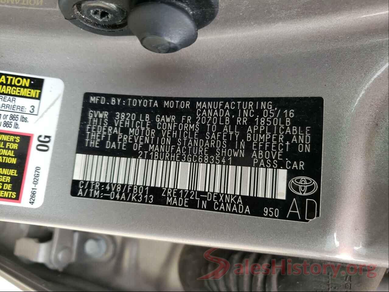 2T1BURHE3GC683541 2016 TOYOTA COROLLA