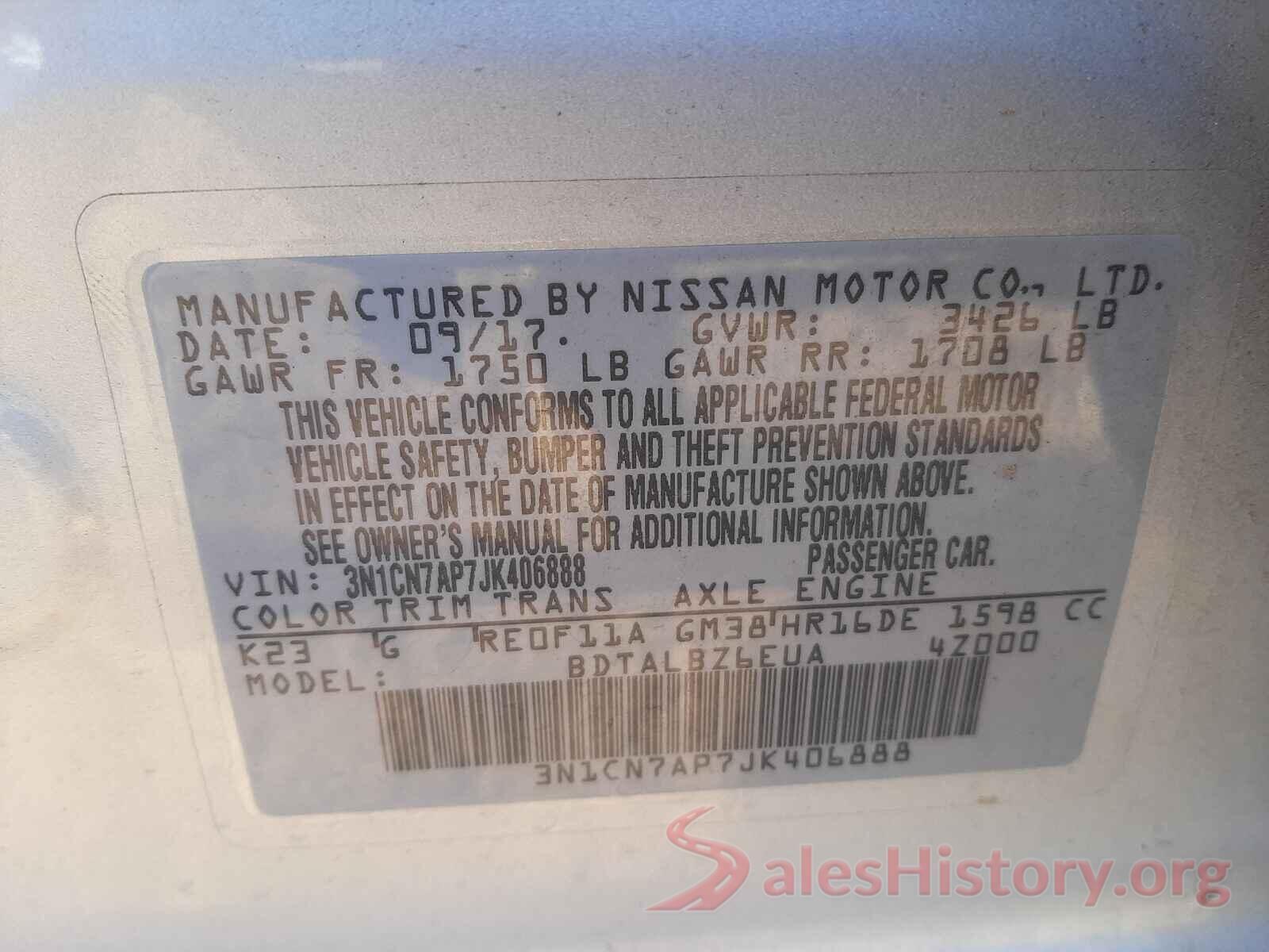 3N1CN7AP7JK406888 2018 NISSAN VERSA