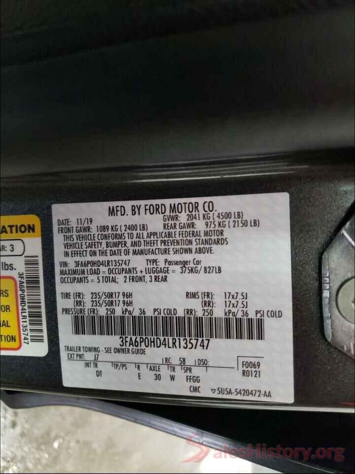 3FA6P0HD4LR135747 2020 FORD FUSION