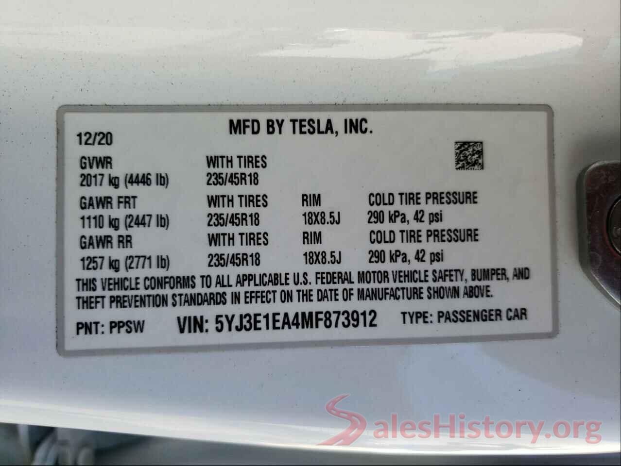 5YJ3E1EA4MF873912 2021 TESLA MODEL 3