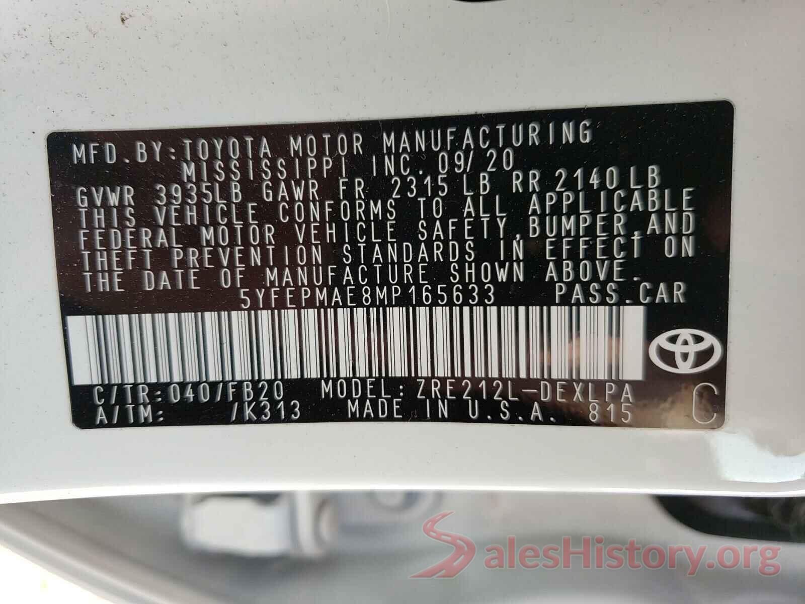 5YFEPMAE8MP165633 2021 TOYOTA COROLLA