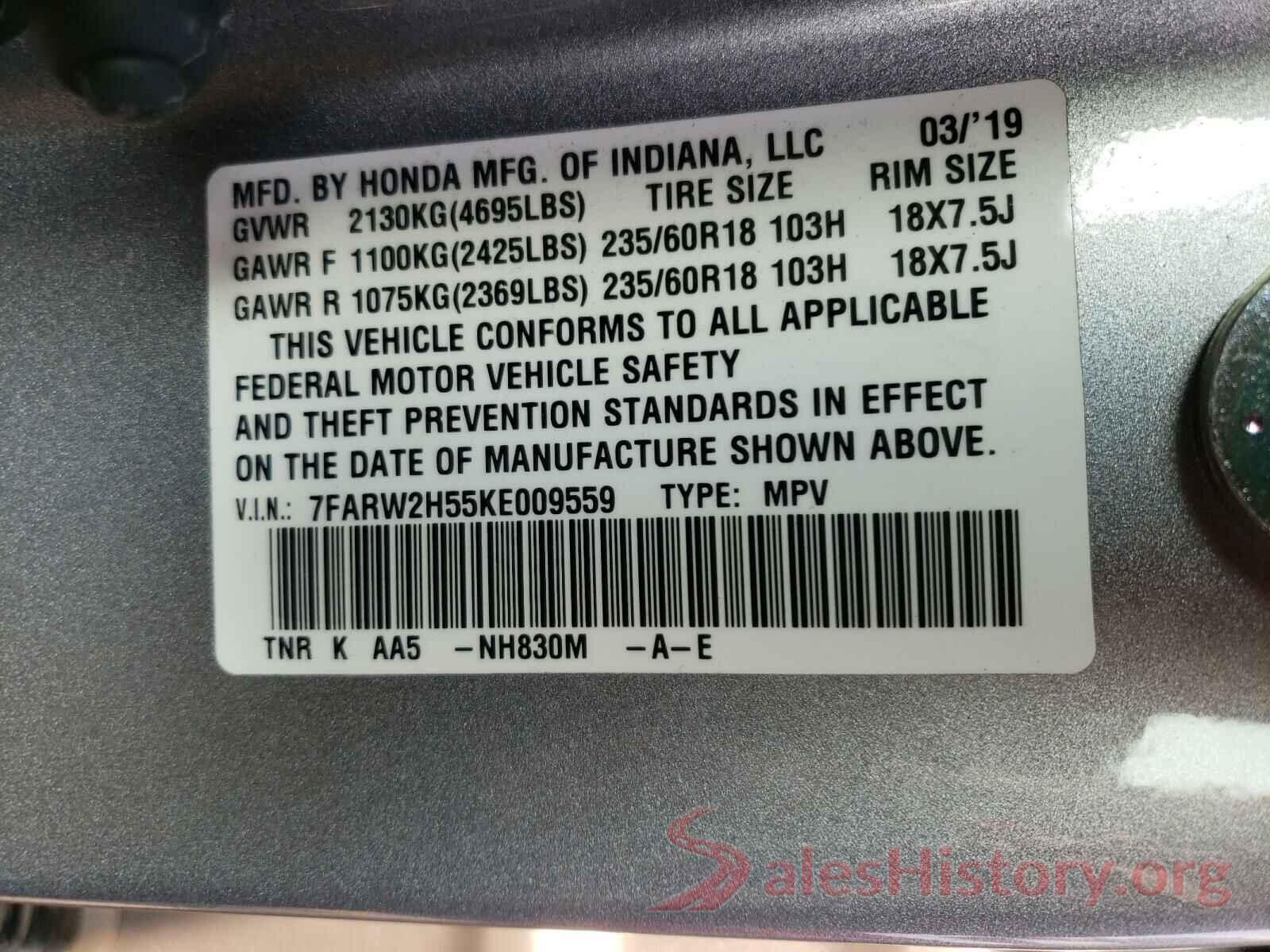 7FARW2H55KE009559 2019 HONDA CRV