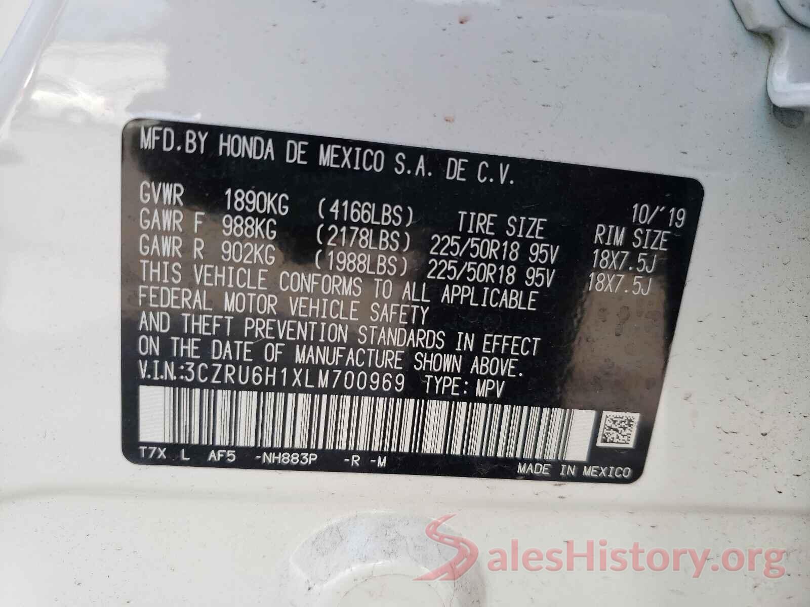 3CZRU6H1XLM700969 2020 HONDA HR-V