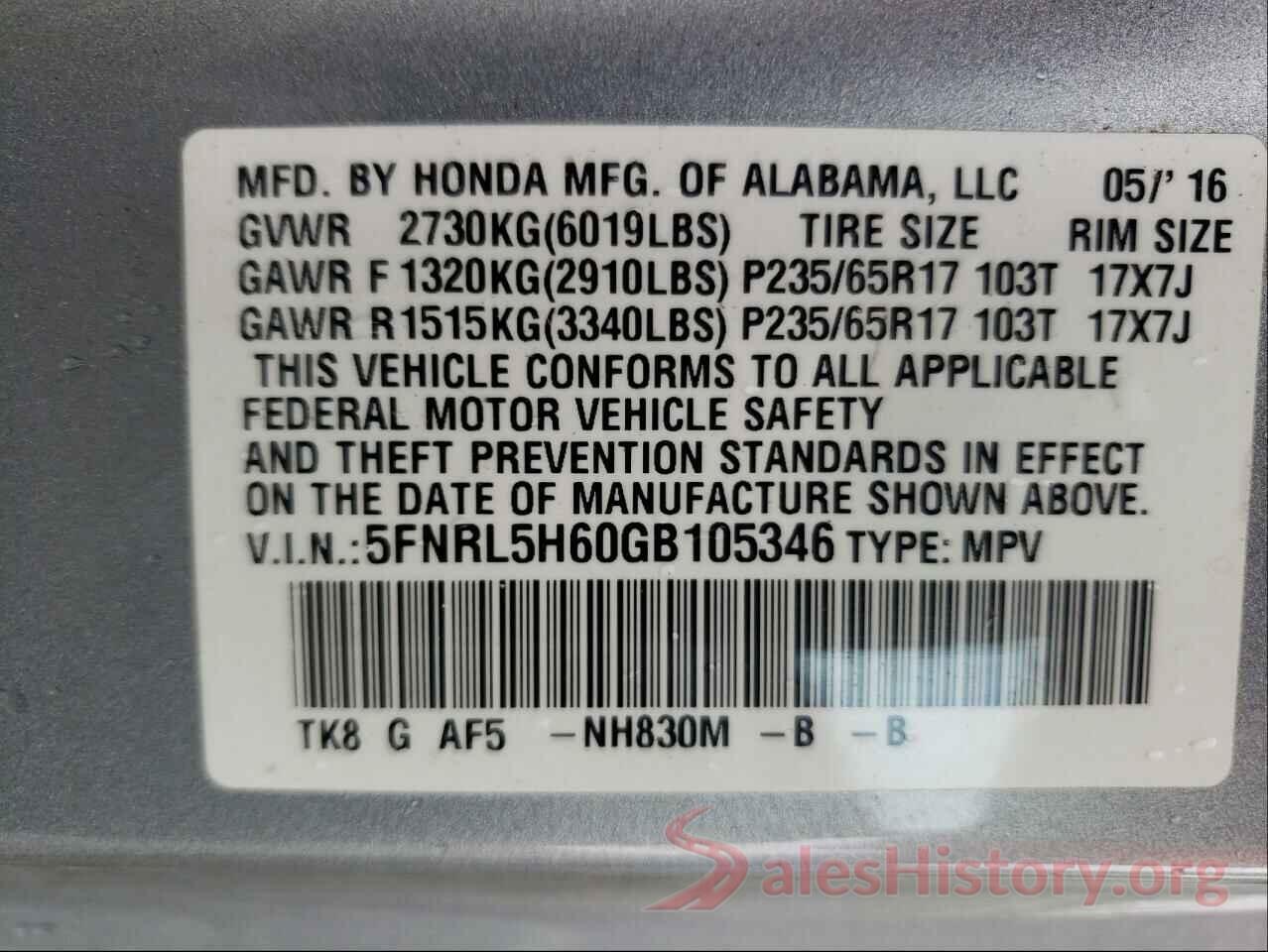 5FNRL5H60GB105346 2016 HONDA ODYSSEY