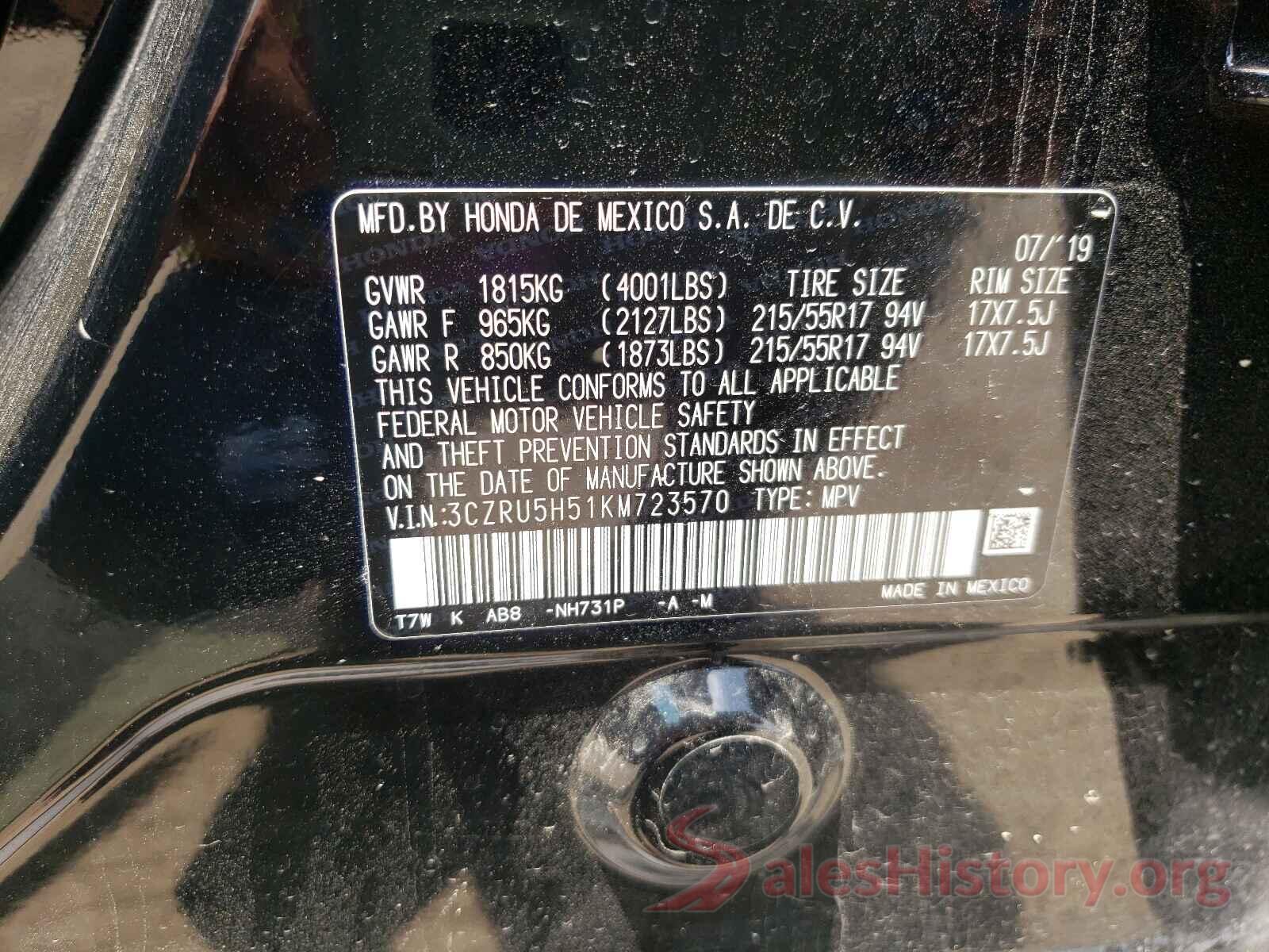 3CZRU5H51KM723570 2019 HONDA HR-V