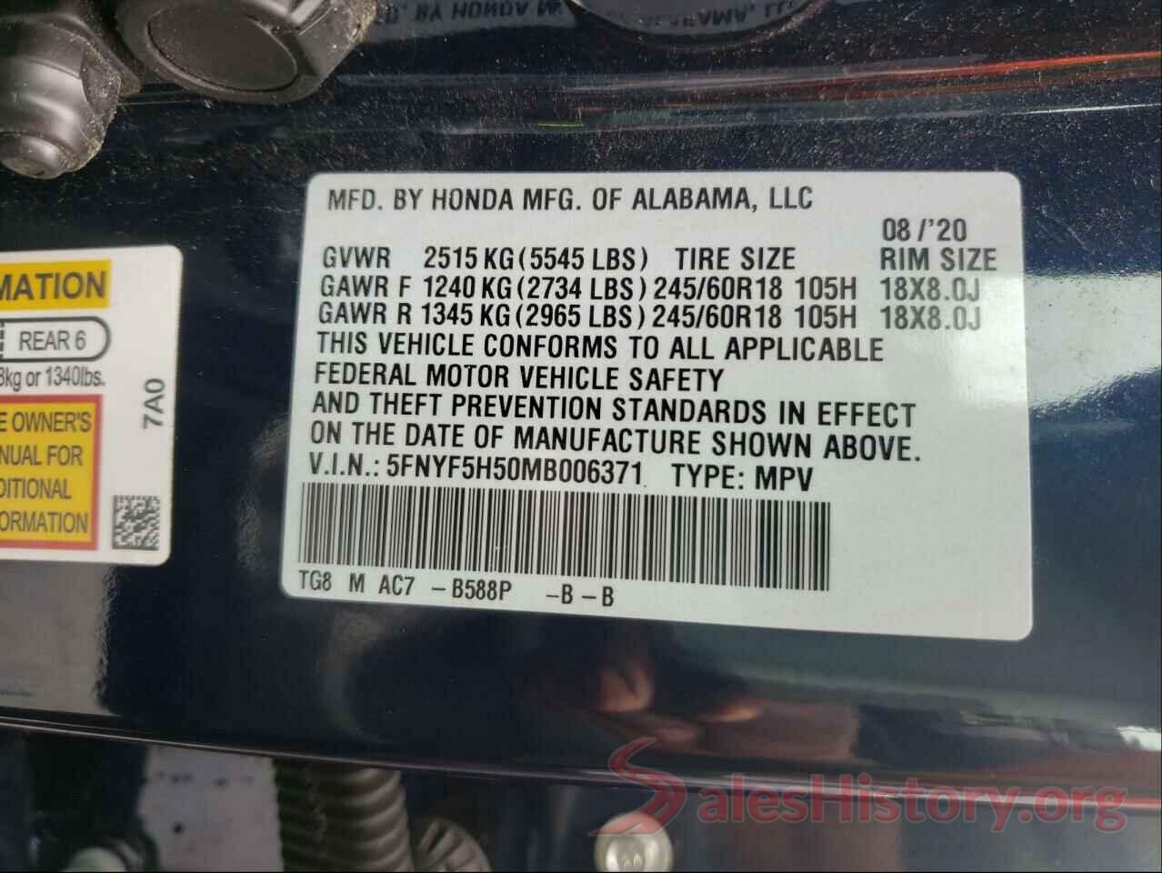 5FNYF5H50MB006371 2021 HONDA PILOT