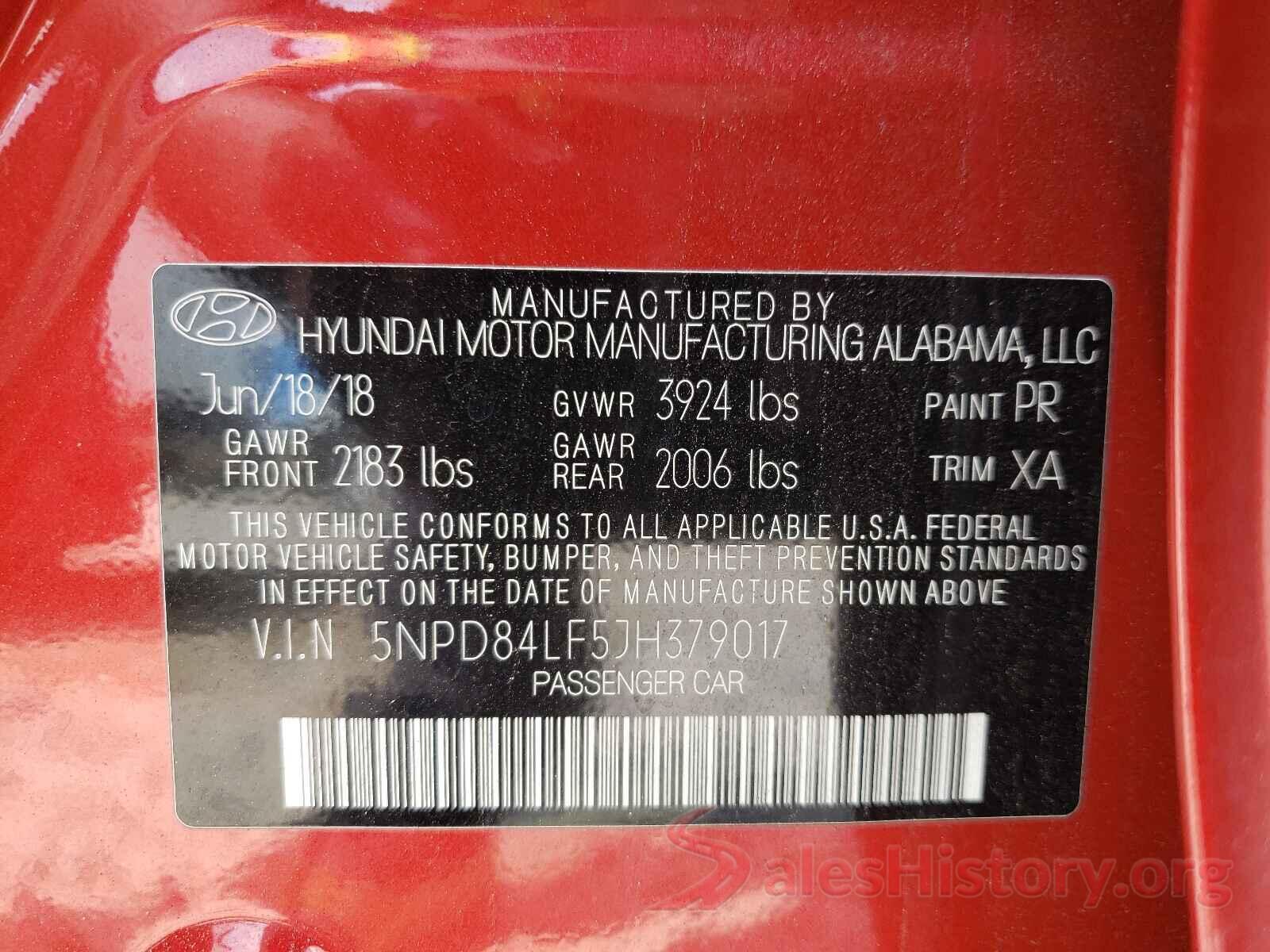 5NPD84LF5JH379017 2018 HYUNDAI ELANTRA