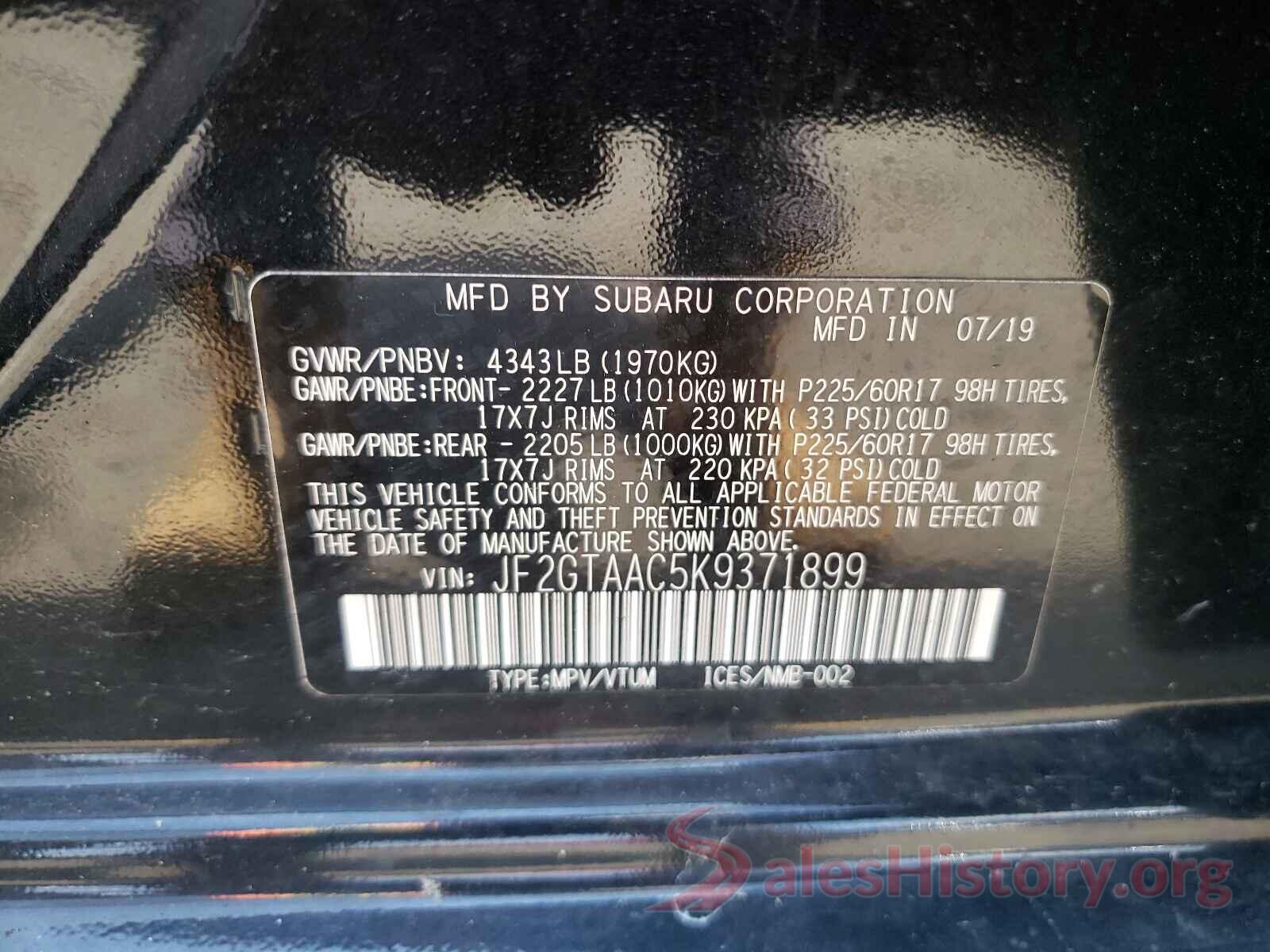 JF2GTAAC5K9371899 2019 SUBARU CROSSTREK