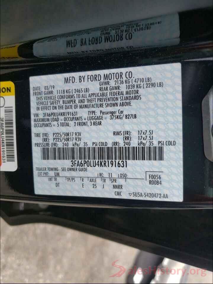 3FA6P0LU4KR191631 2019 FORD FUSION