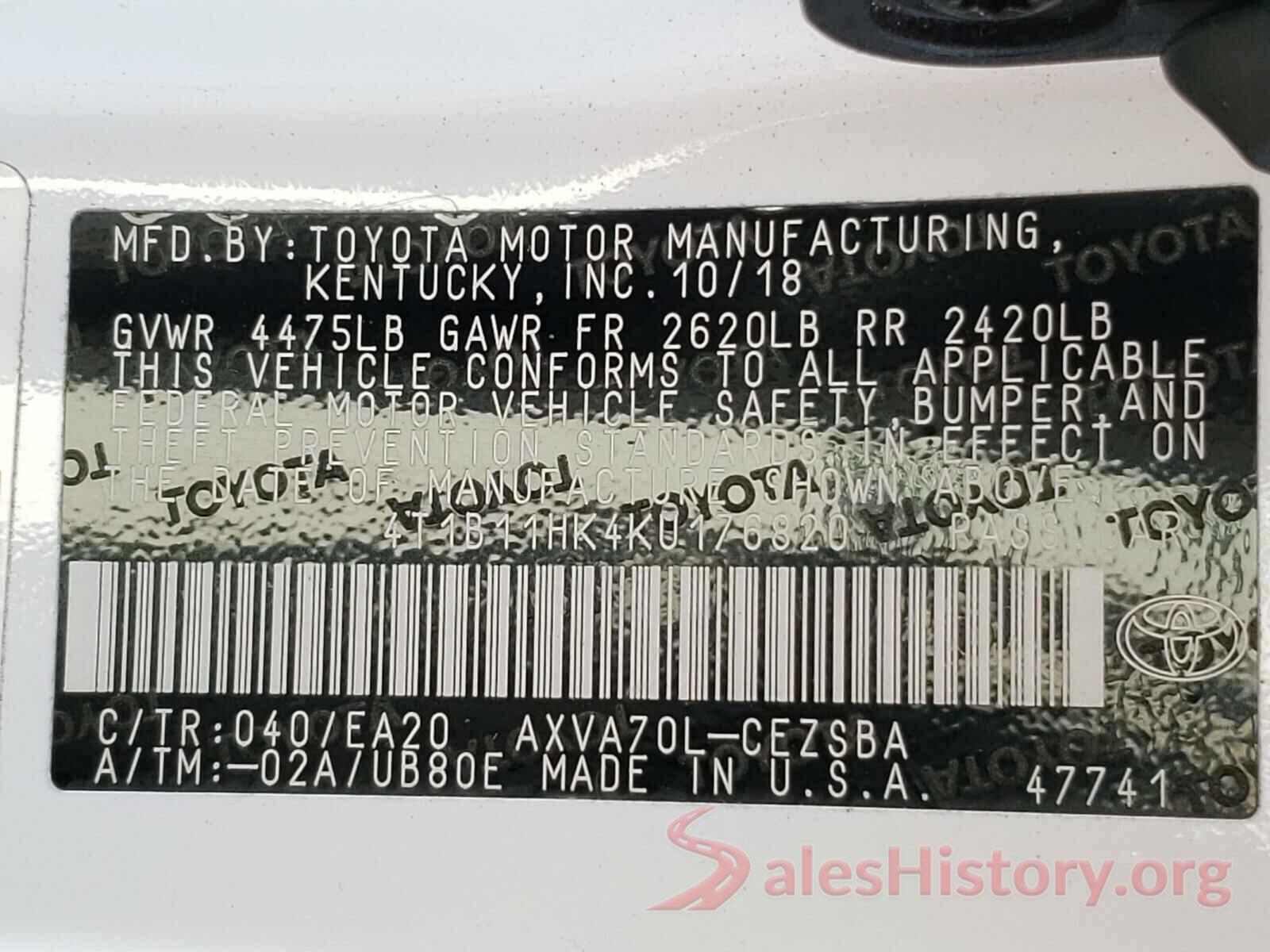 4T1B11HK4KU176820 2019 TOYOTA CAMRY