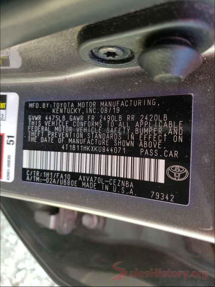 4T1B11HKXKU844071 2019 TOYOTA CAMRY