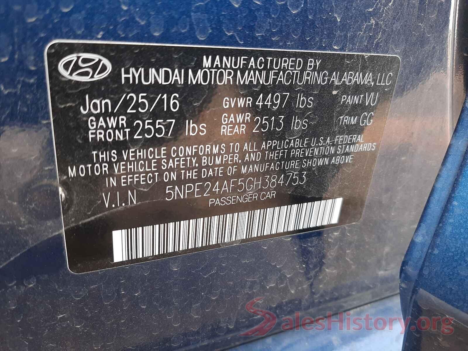 5NPE24AF5GH384753 2016 HYUNDAI SONATA