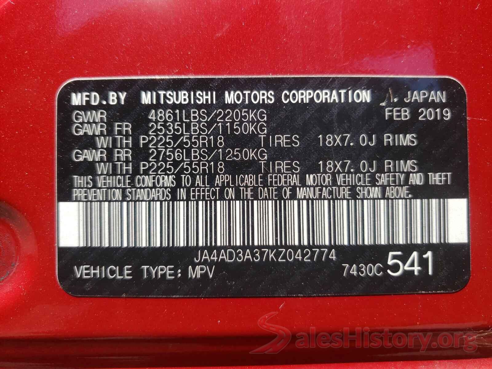 JA4AD3A37KZ042774 2019 MITSUBISHI OUTLANDER