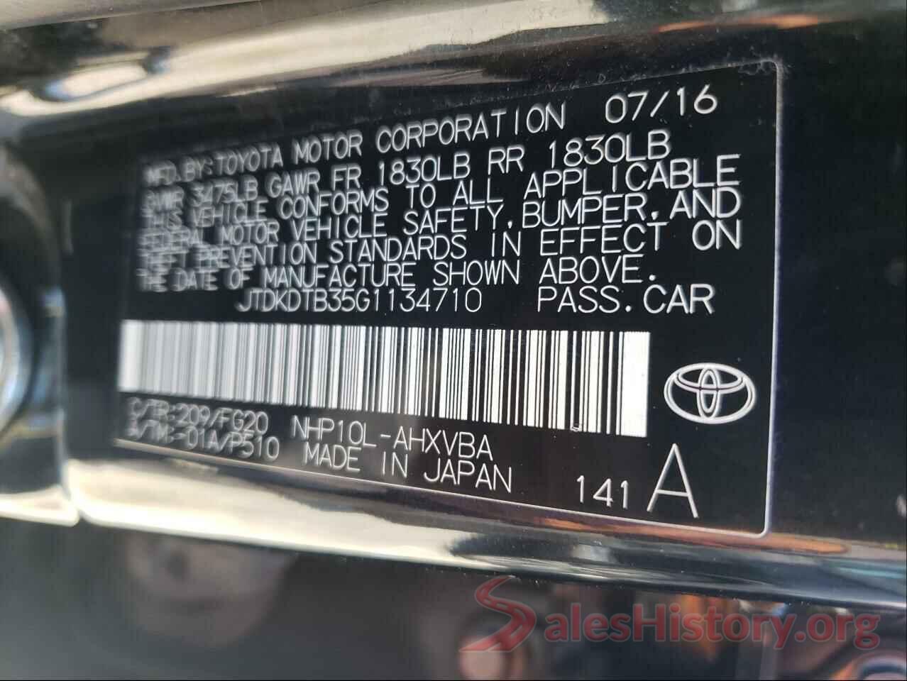 JTDKDTB35G1134710 2016 TOYOTA PRIUS