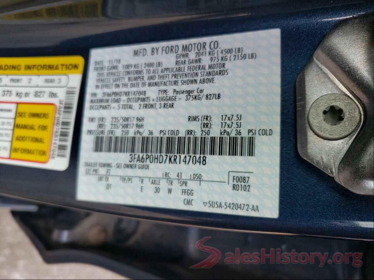 3FA6P0HD7KR147048 2019 FORD FUSION