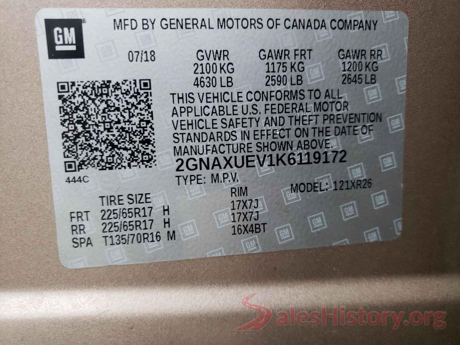 2GNAXUEV1K6119172 2019 CHEVROLET EQUINOX