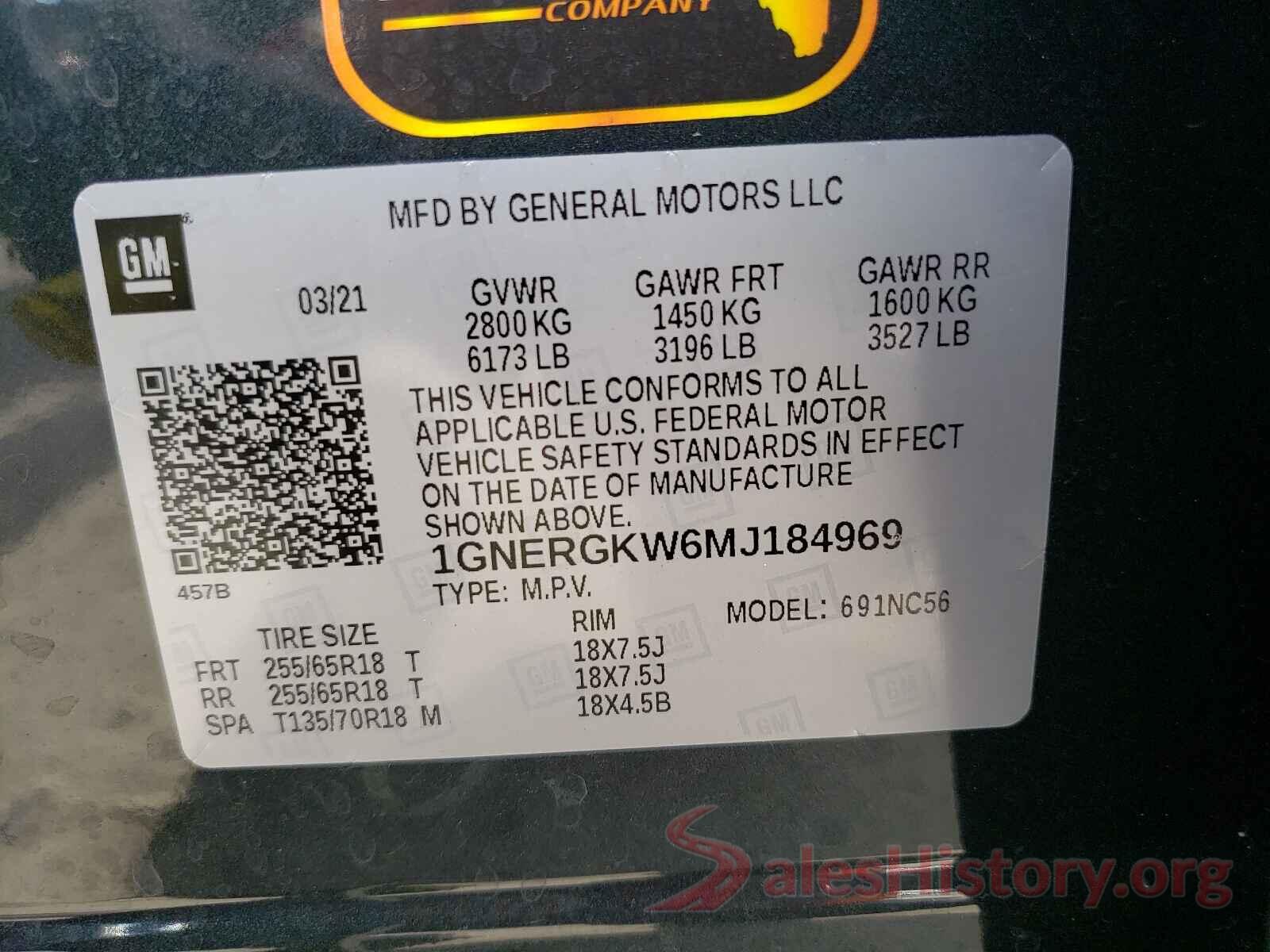 1GNERGKW6MJ184969 2021 CHEVROLET TRAVERSE