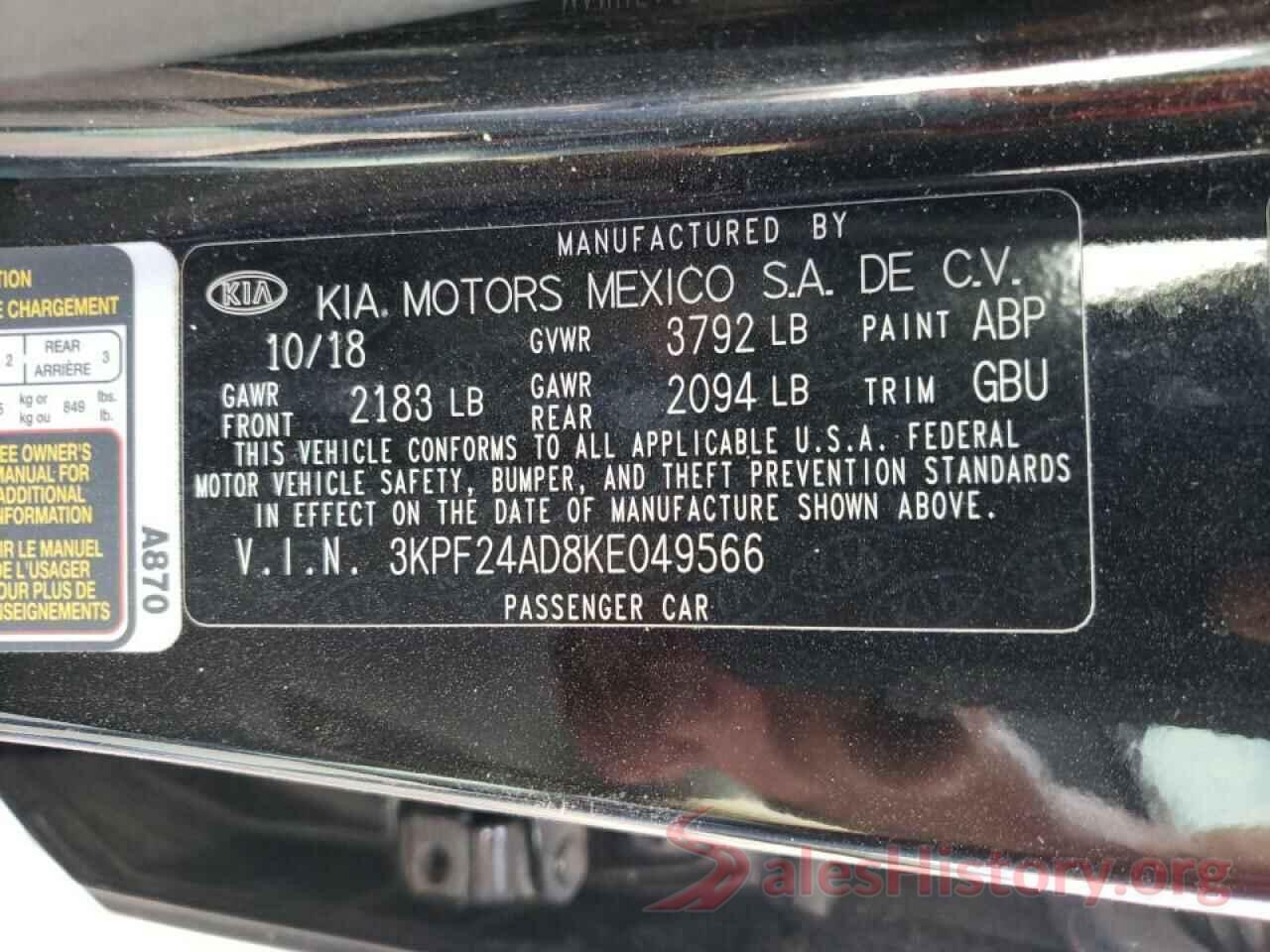 3KPF24AD8KE049566 2019 KIA FORTE