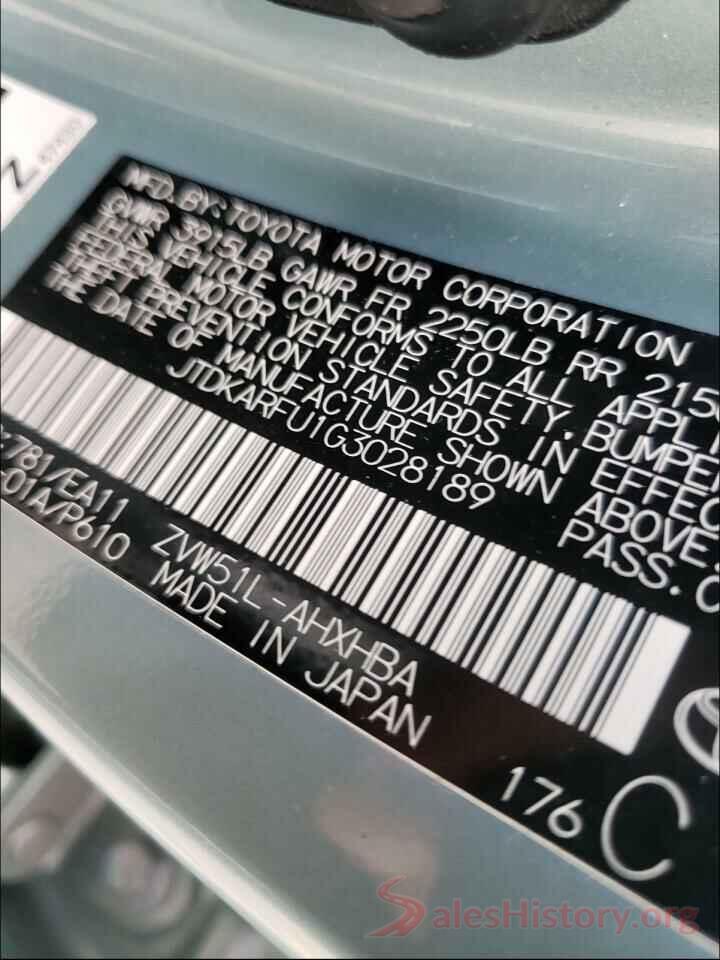 JTDKARFU1G3028189 2016 TOYOTA PRIUS