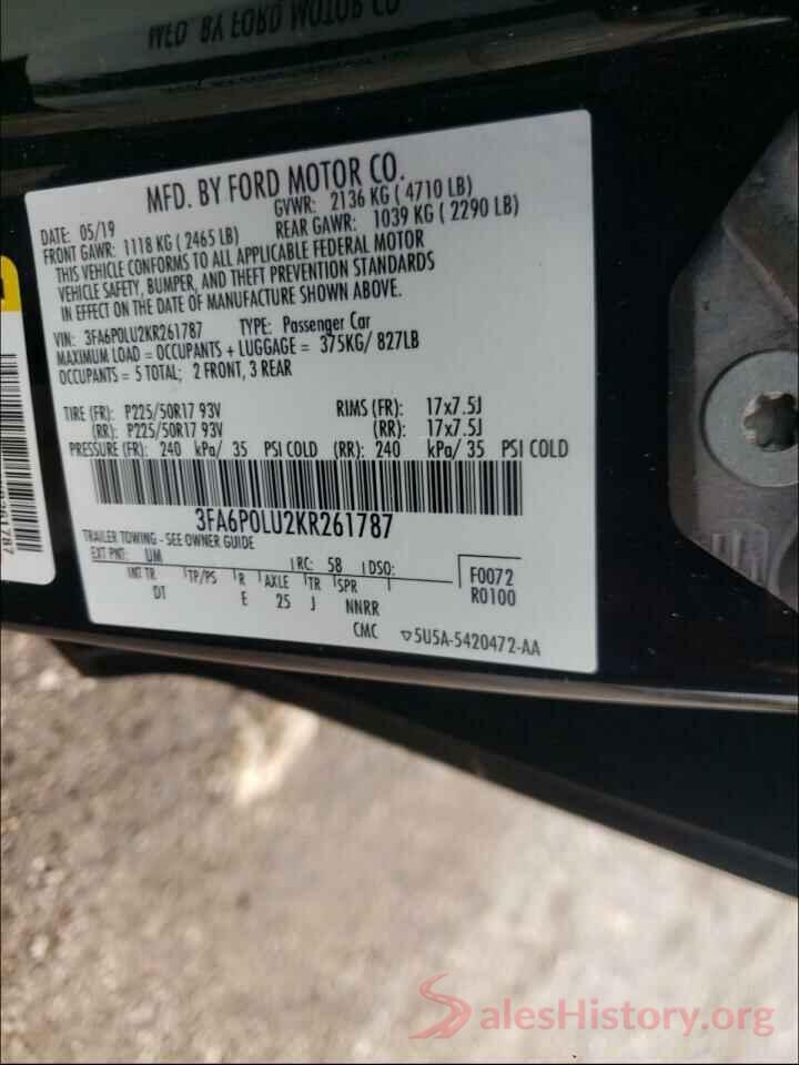 3FA6P0LU2KR261787 2019 FORD FUSION