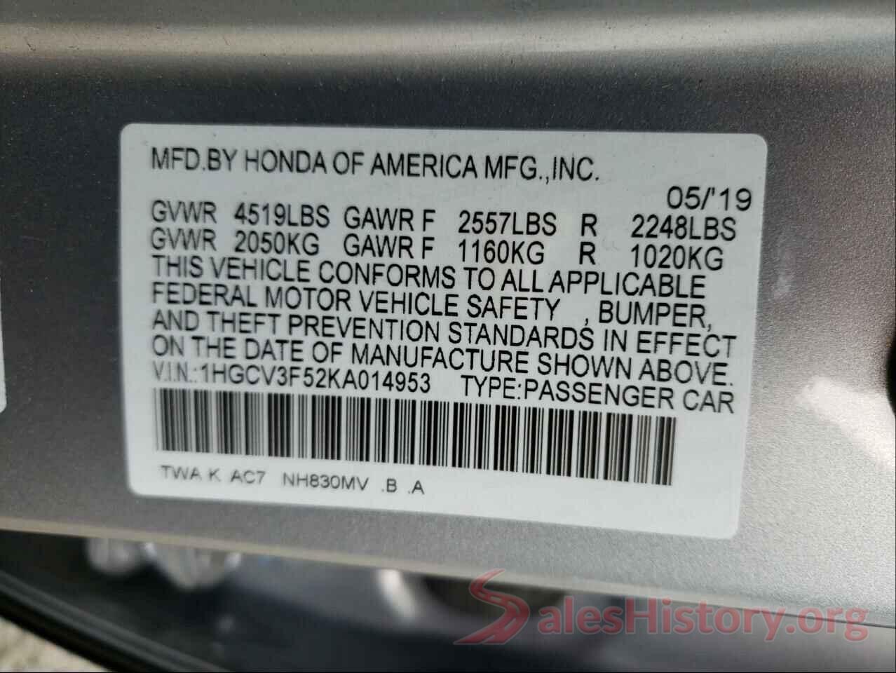 1HGCV3F52KA014953 2019 HONDA ACCORD