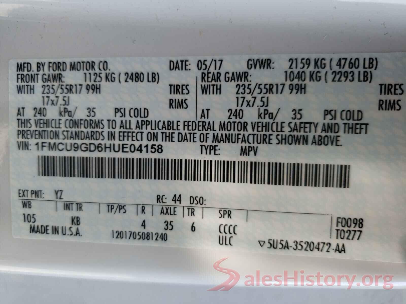 1FMCU9GD6HUE04158 2017 FORD ESCAPE