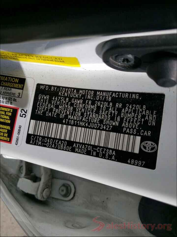 4T1B11HK4JU073427 2018 TOYOTA CAMRY