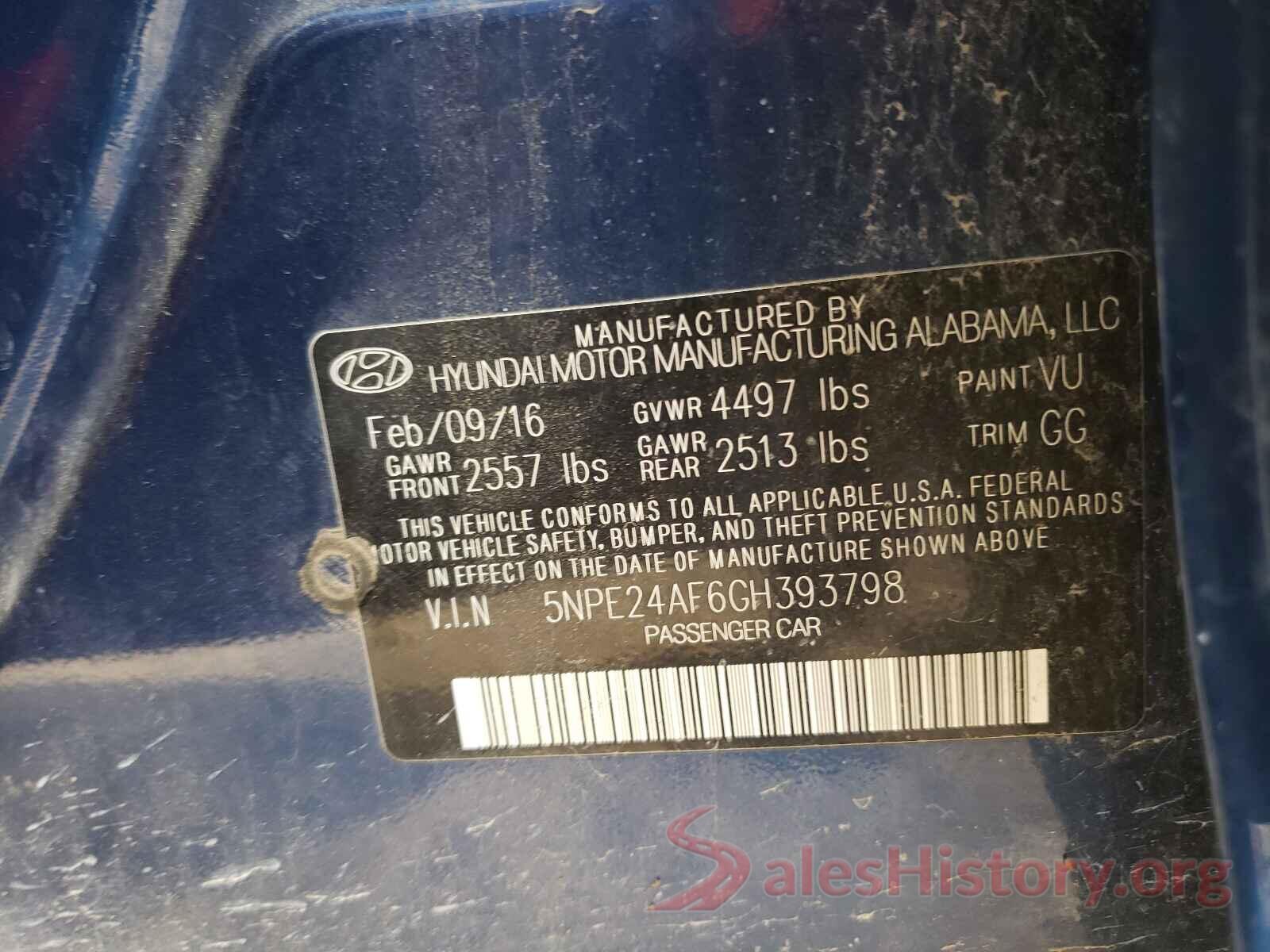 5NPE24AF6GH393798 2016 HYUNDAI SONATA